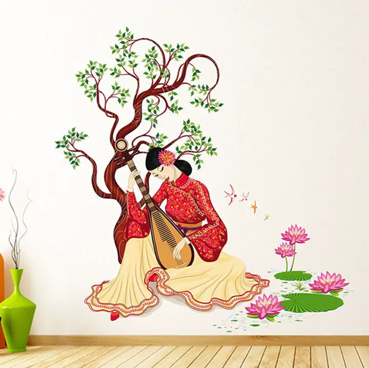 Decals Design 'Chinese Girl Playing Lute Under The Tree' Wall Sticker