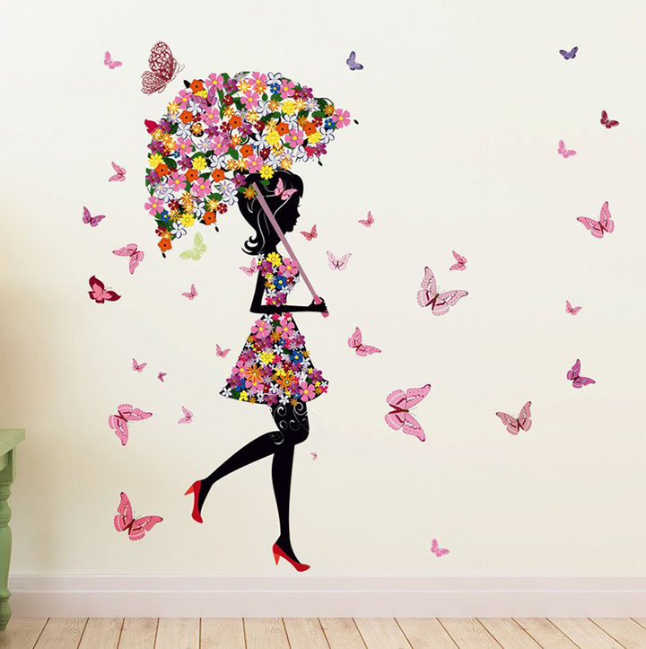 Decals Design 'Floral Umbrella Girl and Butterflies' Wall Sticker