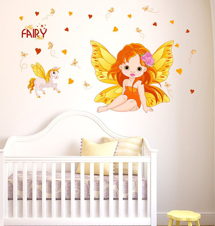 Decals Design Girl Fairy Princess with Feathers and Unicorn' Wall Sticker