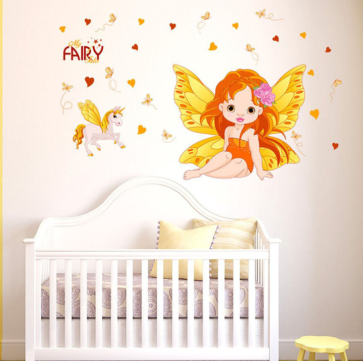 Decals Design Girl Fairy Princess with Feathers and Unicorn' Wall Sticker