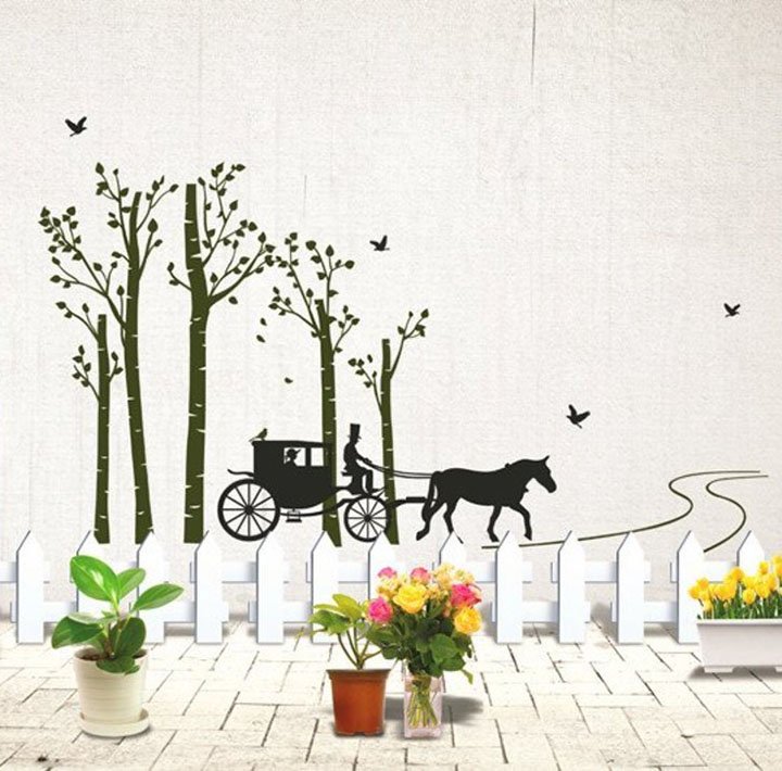 decals design horse cart with trees and birds wall sticker