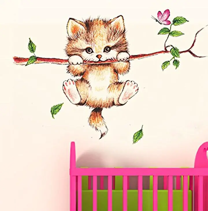 decals design little catty on branch wall sticker