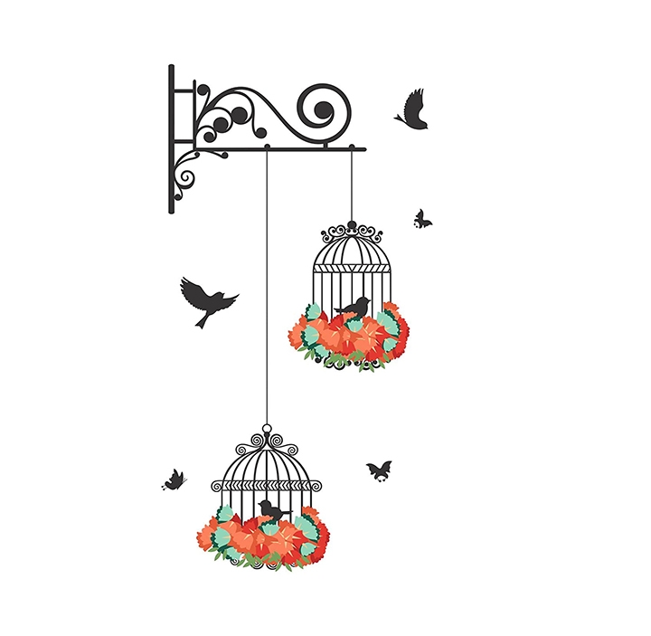 hanging bird cage with flowers wall sticker