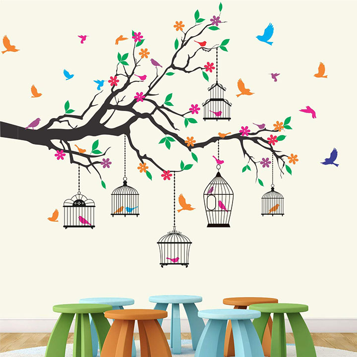 nature tree - colorful - birds - cage - wall sticker