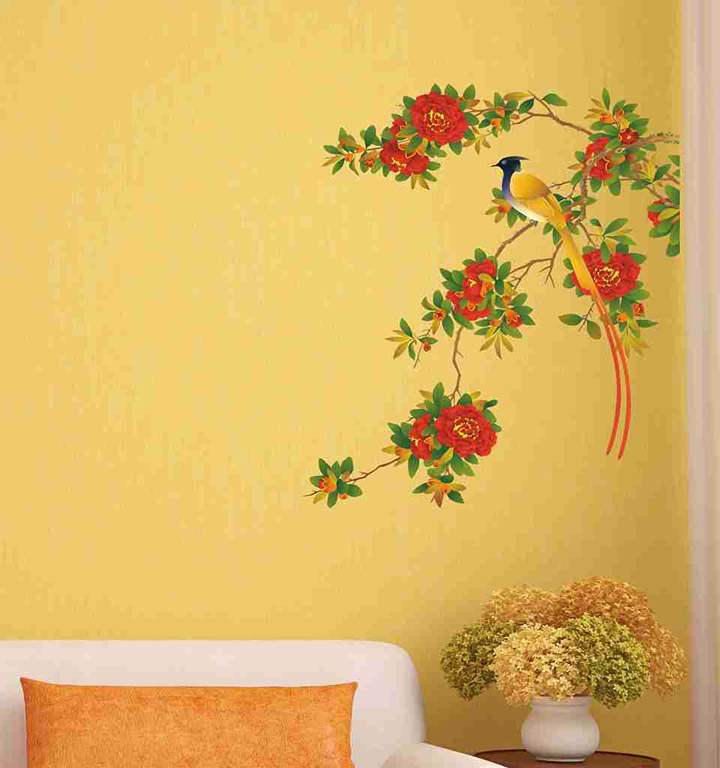 'Red Floral Branch with Bird Art' Wall Sticker