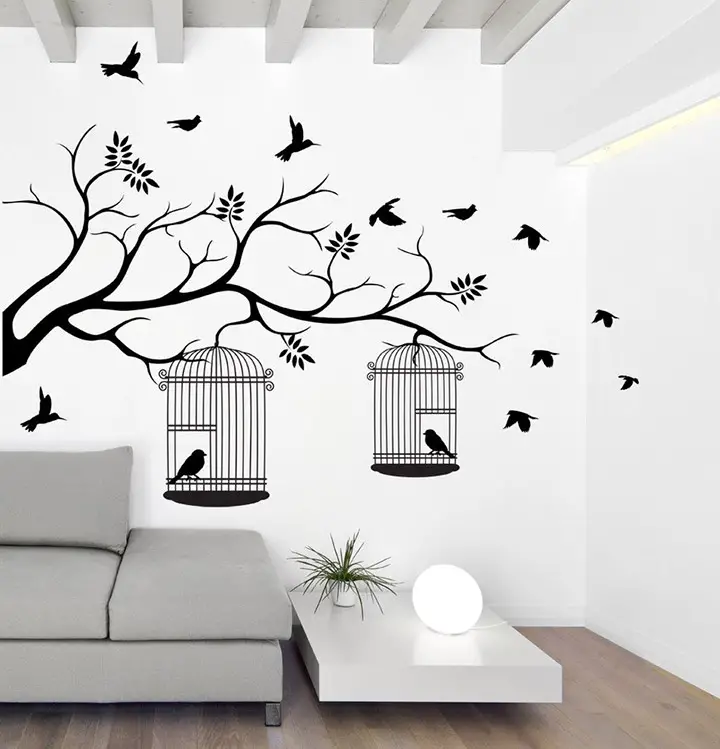tree with birds and cages' wall sticker