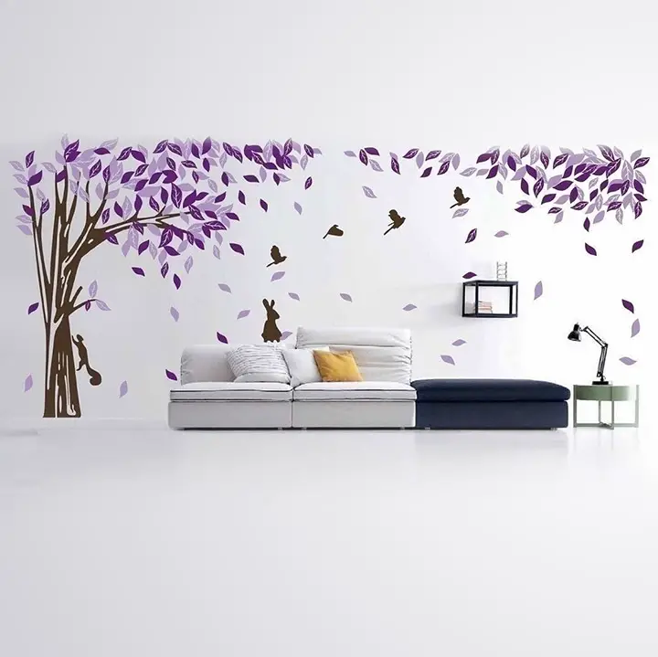 beautiful wall sticker of purple tree with birds, squirrel and a rabbit
