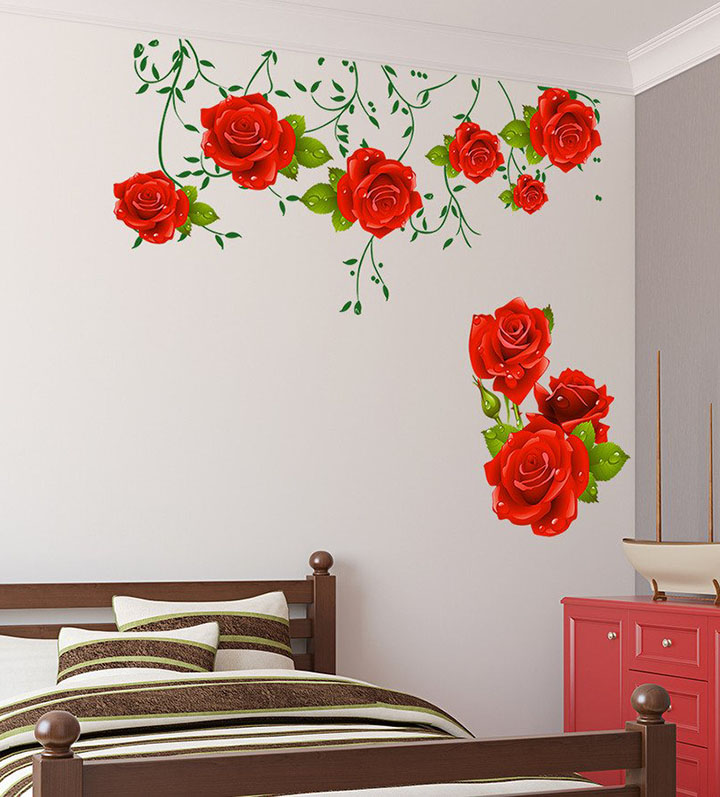 flowers and roses with green leaves wall sticker