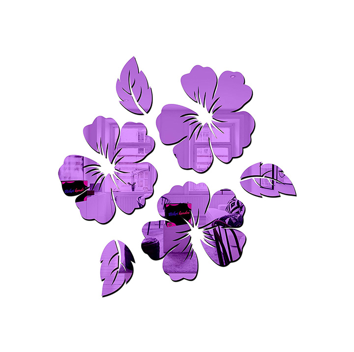 purple flower and leaf - 3d mirror wall sticker