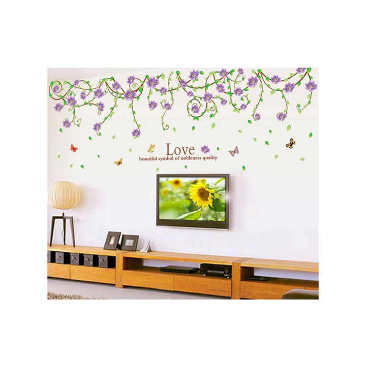 purple flower wall sticker with printing of love 